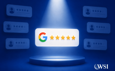 Five-star Google Review Graphic Highlighted Under A Spotlight With The WSI Logo.