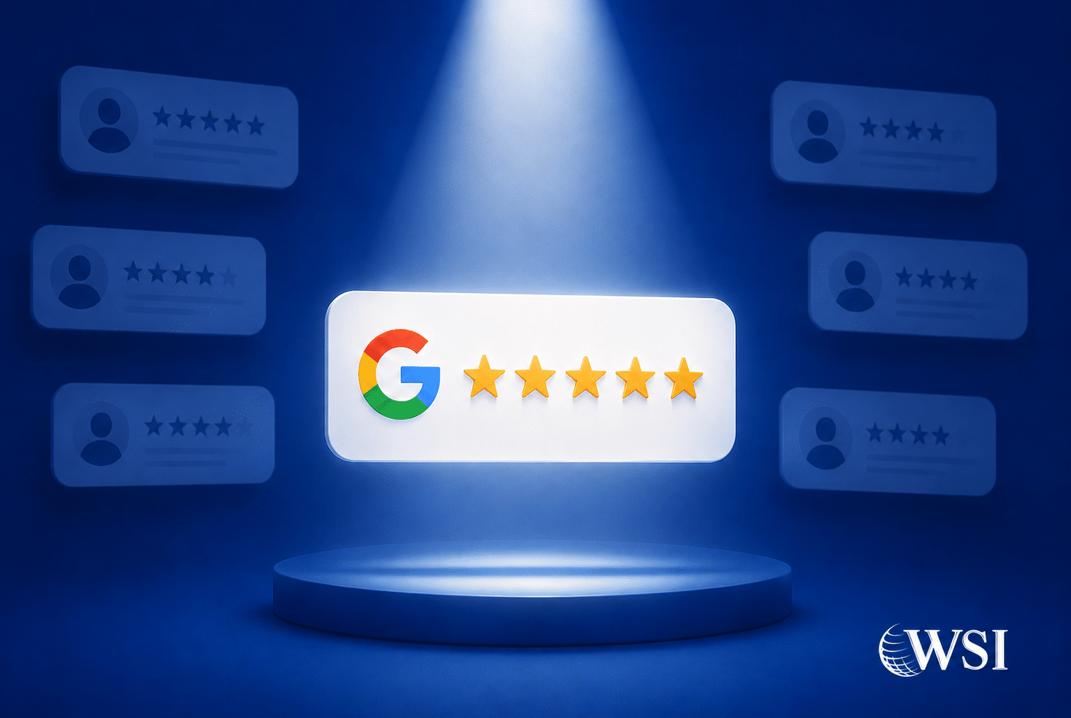 Home 33 Five-star Google review graphic highlighted under a spotlight with the WSI logo.